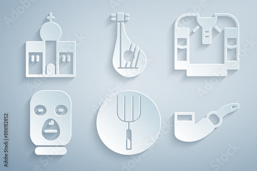 Set Garden pitchfork, Embroidered shirt, Thief mask, Smoking pipe, Bandura and Church building icon. Vector