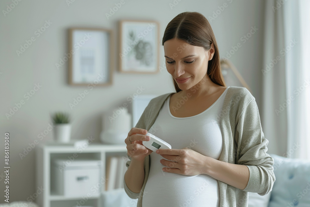 A pregnant woman looking at a positive pregnancy test in a cozy home setting, evoking anticipation and joy.