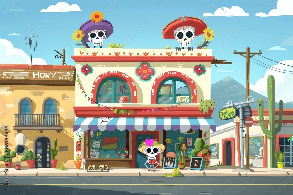 Colorful Daytime Scene in a Mexican Town With a Shop and Skull Figurines Colorful Daytime Scene in a Mexican Town With a Shop and Skull Figurines
