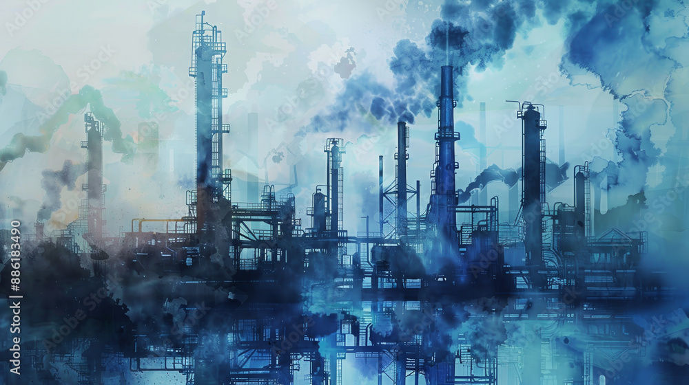 A painting of a city with a large industrial area and a lot of smoke A painting of a city with a large industrial area and a lot of smoke