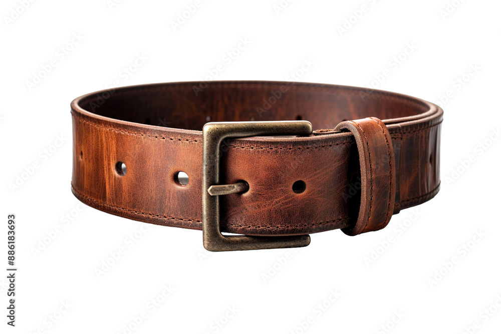 A Rustic Brown Leather Belt With a Distinctive Brass Buckle on a White or Clear Surface PNG Transparent Background. A Rustic Brown Leather Belt With a Distinctive Brass Buckle on a White or Clear Surface PNG Transparent Background.