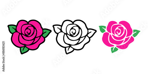 Logo jardín. Grupo de flor rosa con hojas con línea exterior y relleno