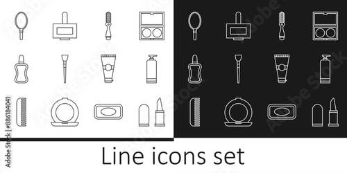Set line Lipstick, Cream cosmetic tube, Hairbrush, Makeup, Nail polish bottle, Hand mirror, Lotion and icon. Vector