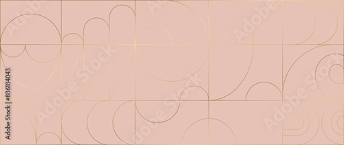 Luxury gold mono line on pink background vector. Abstract geometric frame and elegant art deco with delicate. Illustration design for invitation, banner, vip, interior, decoration.