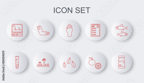 Set line Medicine bottle and pills, Test tube flask, Hand with psoriasis or eczema, Orange fruit, Monitor cardiogram, Inhaler, Mold and Sesame seeds icon. Vector