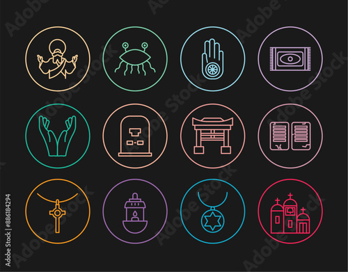 Set line Church building, The commandments, Jainism or Jain Dharma, Tombstone with RIP written, Hands praying position, Jesus Christ, Japan Gate and Pastafarianism icon. Vector