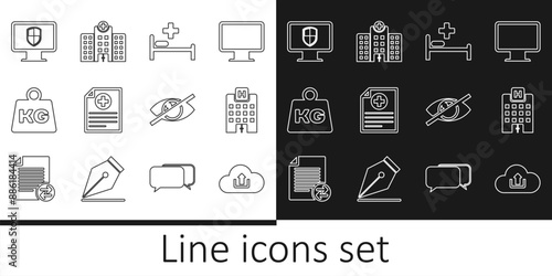Set line Cloud upload, Medical hospital building, Hospital bed, Clinical record, Weight, Monitor and shield, Invisible hide and icon. Vector