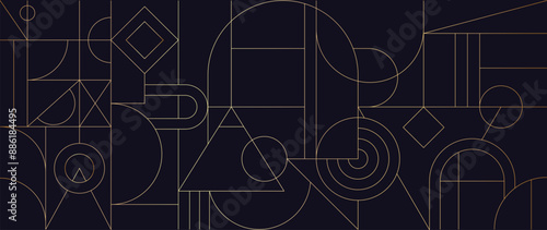 Luxury gold mono line on navy blue background vector. Abstract geometric frame and elegant art deco with delicate. Illustration design for invitation, banner, vip, interior, decoration.