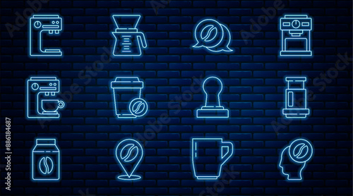 Set line Barista, Aeropress coffee, Coffee and conversation, cup to go, machine, tamper and Pour over maker icon. Vector