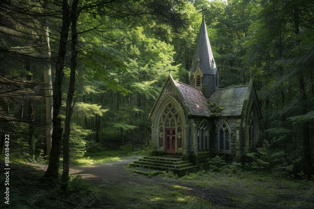 Sunlight illuminating a small chapel in the woods with moss covered steps Sunlight illuminating a small chapel in the woods with moss covered steps