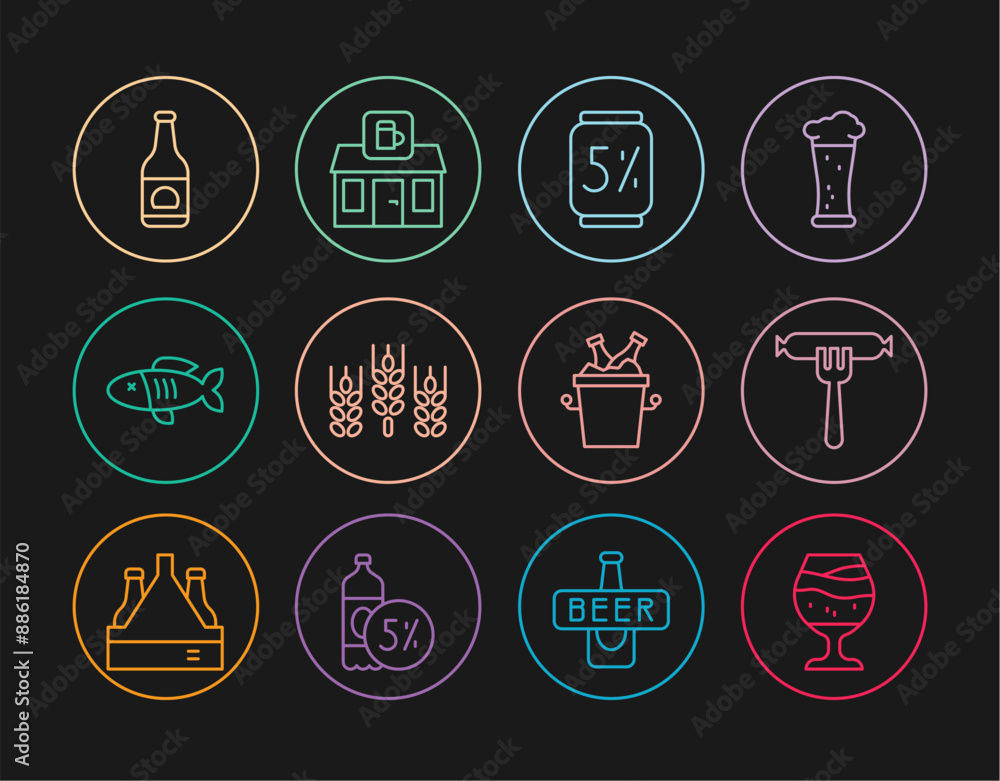 Set line Glass of beer, Sausage on the fork, Beer can, Wheat, Dried fish, bottle, bottles in ice bucket and Store building shop icon. Vector Set line Glass of beer, Sausage on the fork, Beer can, Wheat, Dried fish, bottle, bottles in ice bucket and Store building shop icon. Vector
