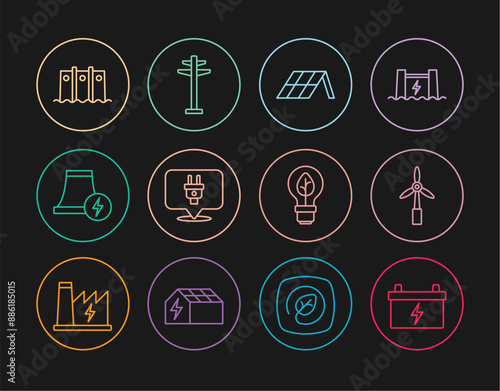 Set line Car battery, Wind turbine, Solar energy panel, Electric plug, Nuclear power plant, Hydroelectric dam, Light bulb with leaf and tower icon. Vector