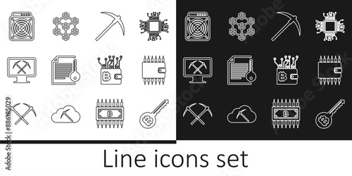 Set line Cryptocurrency key, wallet, Pickaxe, Smart contract, Mining with monitor and pickaxe, ASIC Miner, and Blockchain technology icon. Vector