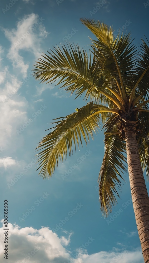 Sunlit tropical palm tree against sky backdrop, ideal for text placement Sunlit tropical palm tree against sky backdrop, ideal for text placement