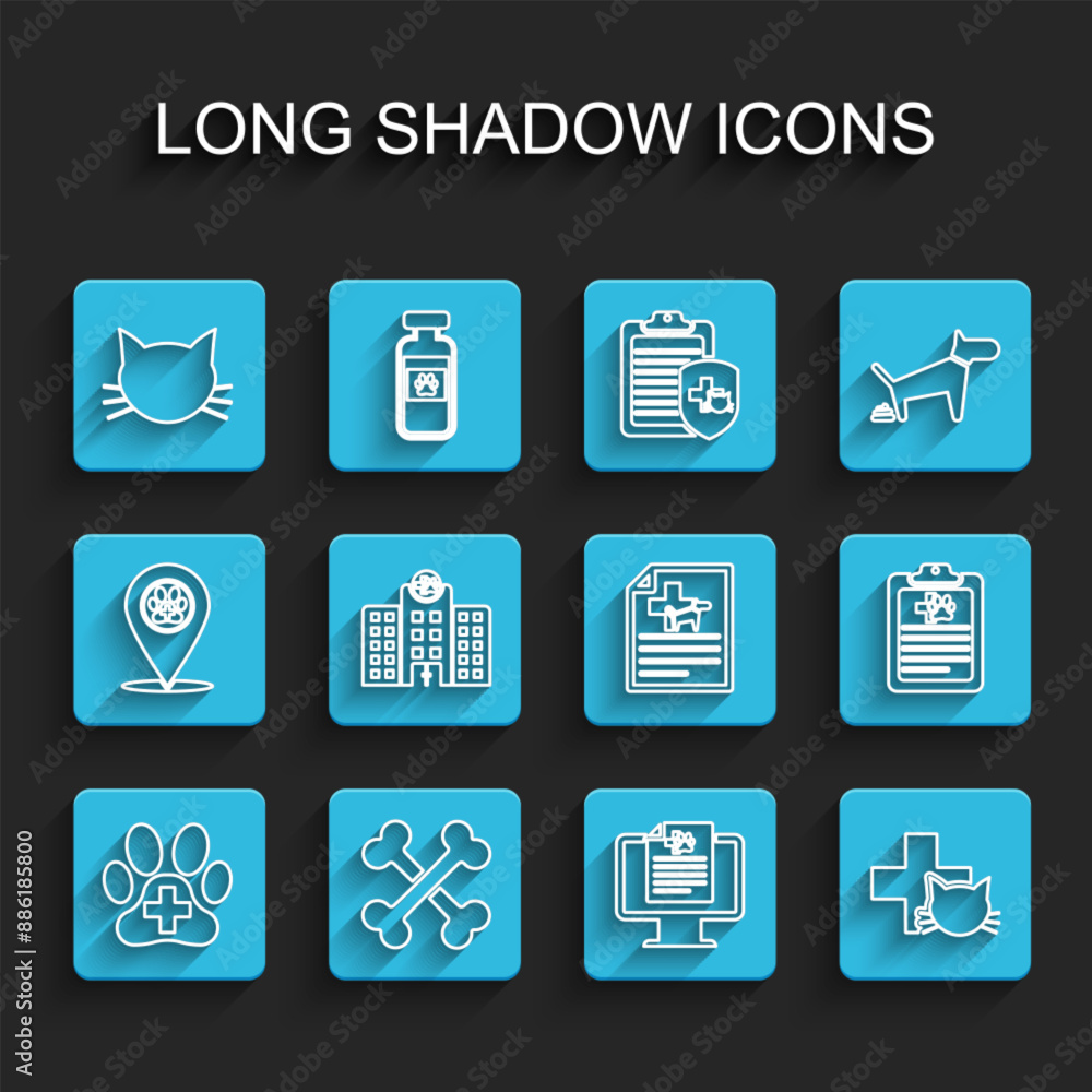 Set line Veterinary clinic, Crossed bones, Cat, Clinical record pet monitor, medicine hospital, and Medical certificate for dog cat icon. Vector Set line Veterinary clinic, Crossed bones, Cat, Clinical record pet monitor, medicine hospital, and Medical certificate for dog cat icon. Vector