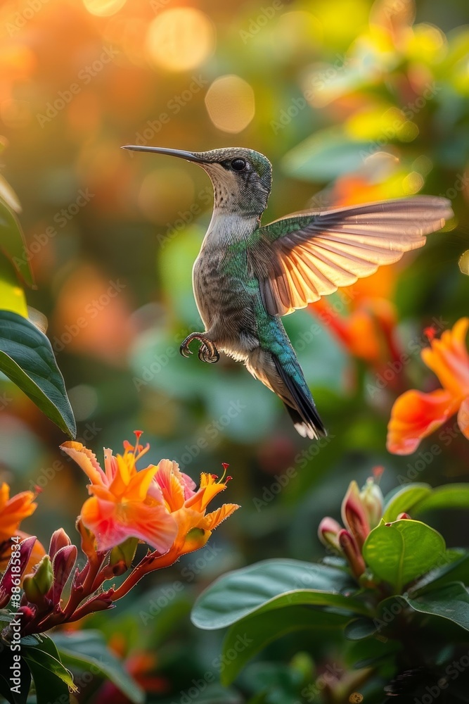 Fototapeta premium Vibrant Hummingbird Among Blooming Orange Flowers with Green Foliage