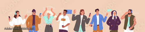 Row of happy people in headphones listen to music records, audio podcasts with smartphones, phones. Modern men and women with songs in earphones enjoy, dancing. Flat isolated vector illustrations