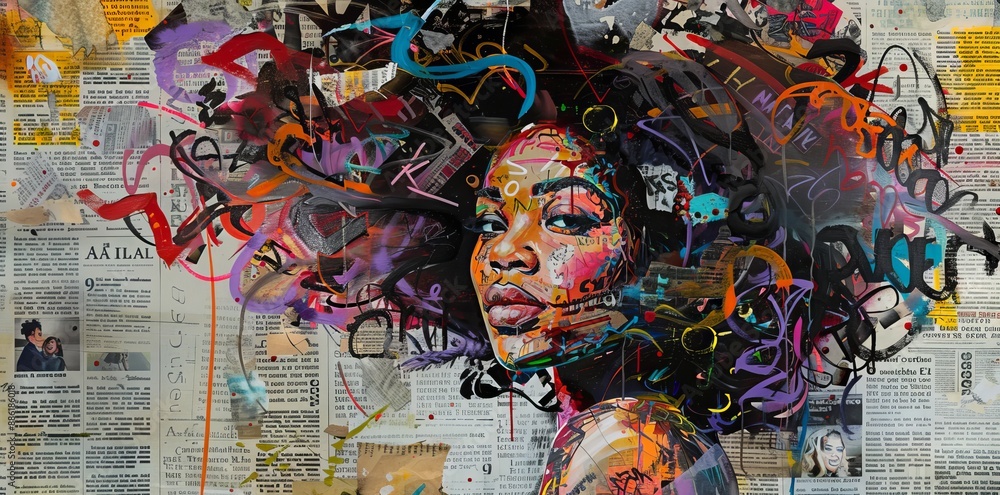 custom made wallpaper toronto digitalGraffiti, collage of grunge newspapers, watercolor splash, illustration of an African woman with a dreamy expression, urban creative works, street art, mixed media