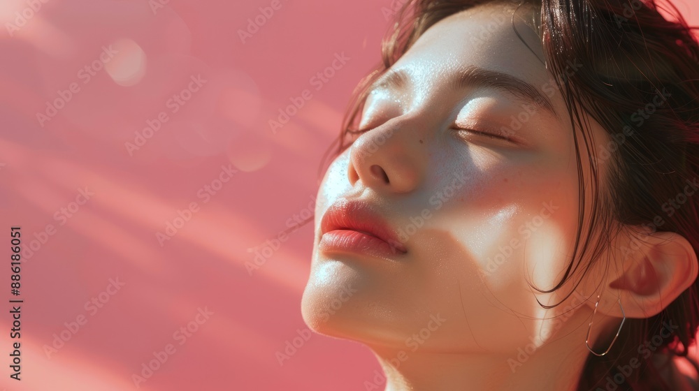 Close-up Portrait of a Woman with Eyes Closed Against a Pink Background Close-up Portrait of a Woman with Eyes Closed Against a Pink Background