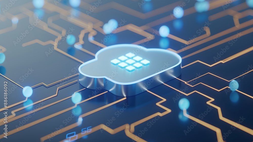 Obraz premium Futuristic digital cloud technology, illustrating data storage and transfer in a virtual environment with glowing circuits and nodes. 3D Illustration.