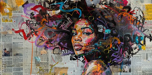 Graffiti, collage of grunge newspapers, watercolor splash, illustration of an African woman with a dreamy expression, urban creative works, street art, mixed media