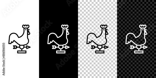 Set line Rooster weather vane icon isolated on black and white background. Weathercock sign. Windvane rooster. Vector