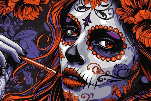 A Woman With Sugar Skull Makeup Applies Makeup With a Brush