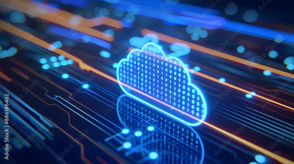 Futuristic digital cloud technology concept with shiny circuit boards and neon lines, representing data storage and computing innovation. 3D Illustration. Futuristic digital cloud technology concept with shiny circuit boards and neon lines, representing data storage and computing innovation. 3D Illustration.