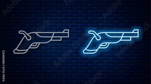 Glowing neon line Vintage pistols icon isolated on brick wall background. Ancient weapon. Vector