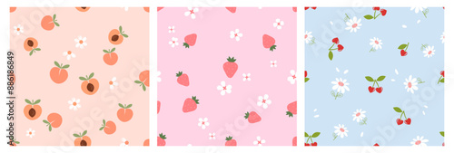Seamless pattern of peach fruit, strawberry, heart shape cherry with green leaves and white flower on orange, pink and blue backgrounds vector. Set of cute fruit prints.