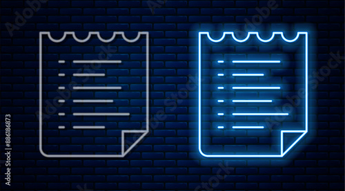 Glowing neon line Sport training program or fitness plan icon isolated on brick wall background. Vector
