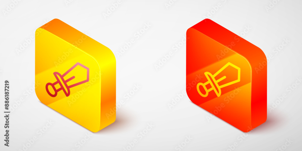 Isometric line Sword toy icon isolated on grey background. Yellow and orange square button. Vector Isometric line Sword toy icon isolated on grey background. Yellow and orange square button. Vector