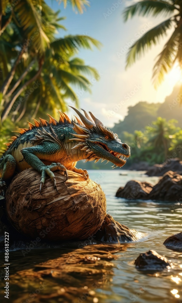 Fototapeta premium Dragon on a Coconut by the River.