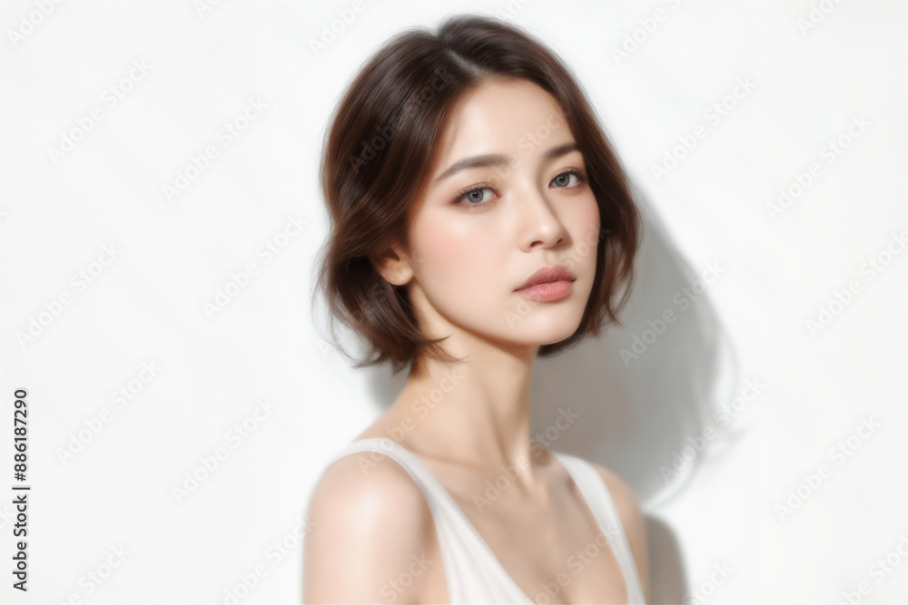 A beauty female model wearing a strapless top and looking back over her shoulder. Her hair is brown and she has a slender body. A beauty female model wearing a strapless top and looking back over her shoulder. Her hair is brown and she has a slender body.