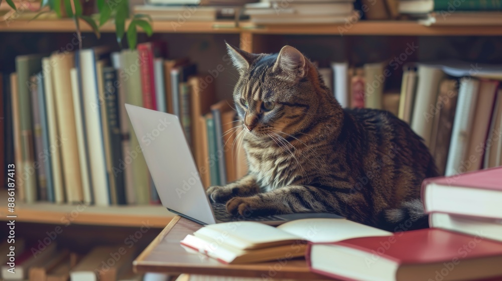 The cat uses a laptop while sitting at the table next to the books. Home education concept. The cat uses a laptop while sitting at the table next to the books. Home education concept.