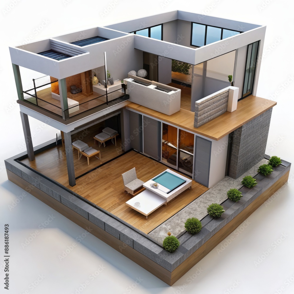 3D Render of a Contemporary Home with Open Floor Plan, on isolated white background, Generative AI 3D Render of a Contemporary Home with Open Floor Plan, on isolated white background, Generative AI