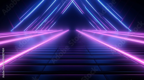 Neon 3d abstract vr background with colored geometric shapes in dark night studio