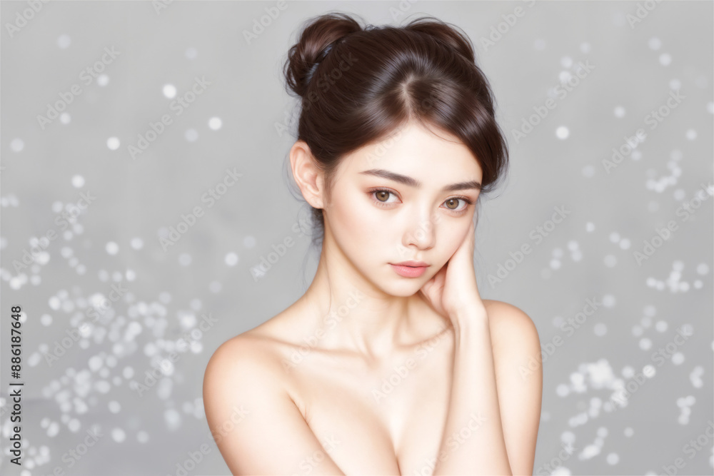 A beauty female model wearing a strapless top and looking back over her shoulder. Her hair is brown and she has a slender body. A beauty female model wearing a strapless top and looking back over her shoulder. Her hair is brown and she has a slender body.