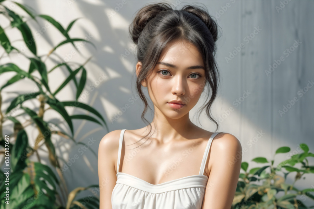 A beauty female model wearing a strapless top and looking back over her shoulder. Her hair is brown and she has a slender body. A beauty female model wearing a strapless top and looking back over her shoulder. Her hair is brown and she has a slender body.