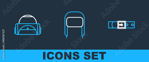 Set line Leather belt, Sport bag and Winter hat with ear flaps icon. Vector
