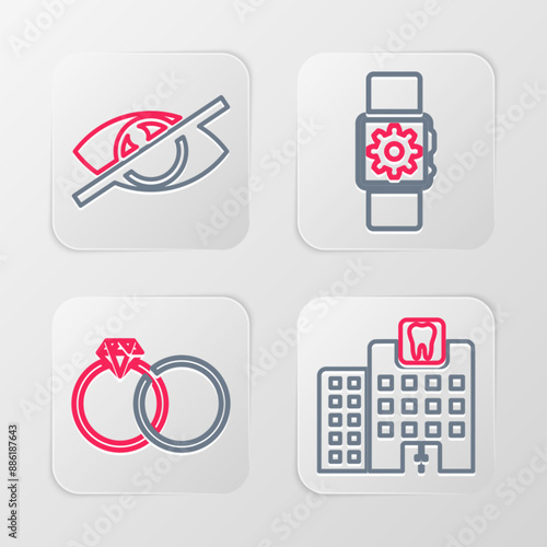Set line Dental clinic, Wedding rings, Smartwatch setting and Invisible or hide icon. Vector