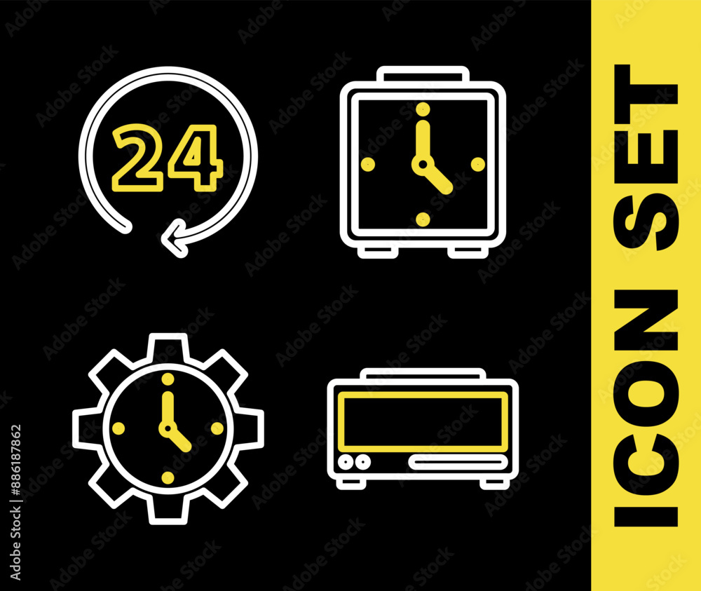 Set line Alarm clock, Digital alarm, Time Management and Clock 24 hours icon. Vector Set line Alarm clock, Digital alarm, Time Management and Clock 24 hours icon. Vector