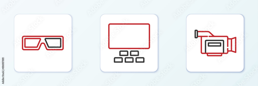 Set line Cinema camera, 3D cinema glasses and auditorium with seats icon. Vector Set line Cinema camera, 3D cinema glasses and auditorium with seats icon. Vector
