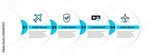 Set line Plane, Cash back, Shield with check mark and icon. Vector
