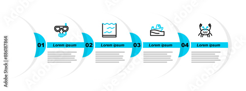 Set line Crab, Fishing boat on water, Aquarium and Diving mask and snorkel icon. Vector