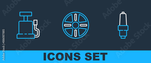 Set line Car spark plug, air pump and Alloy wheel icon. Vector