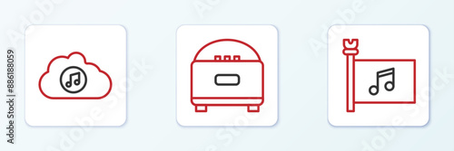 Set line Music festival flag, streaming service and Stereo speaker icon. Vector