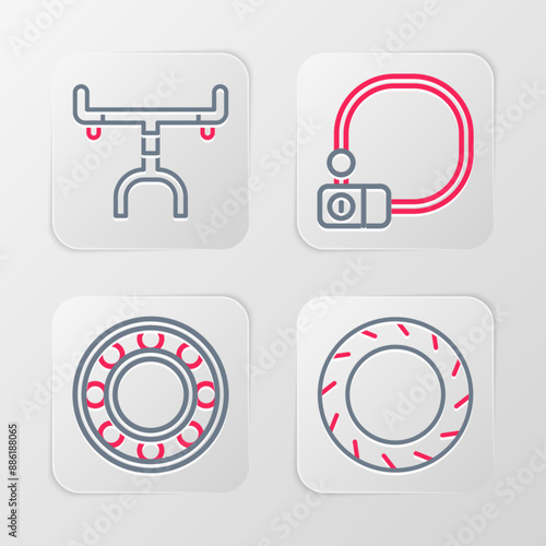 Set line Bicycle wheel tire, ball bearing, lock and handlebar icon. Vector
