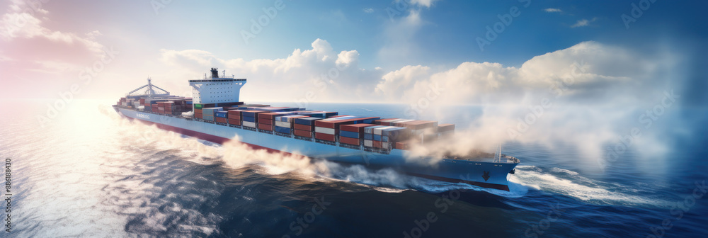 cargo maritime ship with contrail in the ocean ship carrying container and running for export concept cargo maritime ship with contrail in the ocean ship carrying container and running for export concept