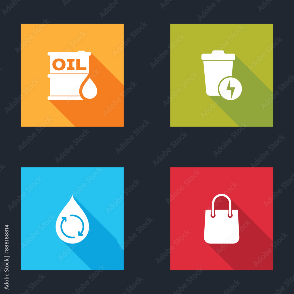 Set Oil barrel, Lightning with trash can, Recycle clean aqua and Shopping bag icon. Vector Set Oil barrel, Lightning with trash can, Recycle clean aqua and Shopping bag icon. Vector
